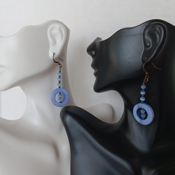 Handmade Periwinkle Blue Earrings With Dyed Shells and Banded Agate Beads - Picture 11 of 16